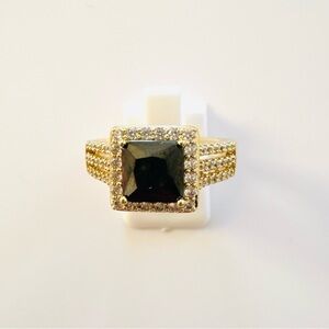 14K Gold Plated Black Square Solitaire Ring with Pavé Accents. Size 9. New